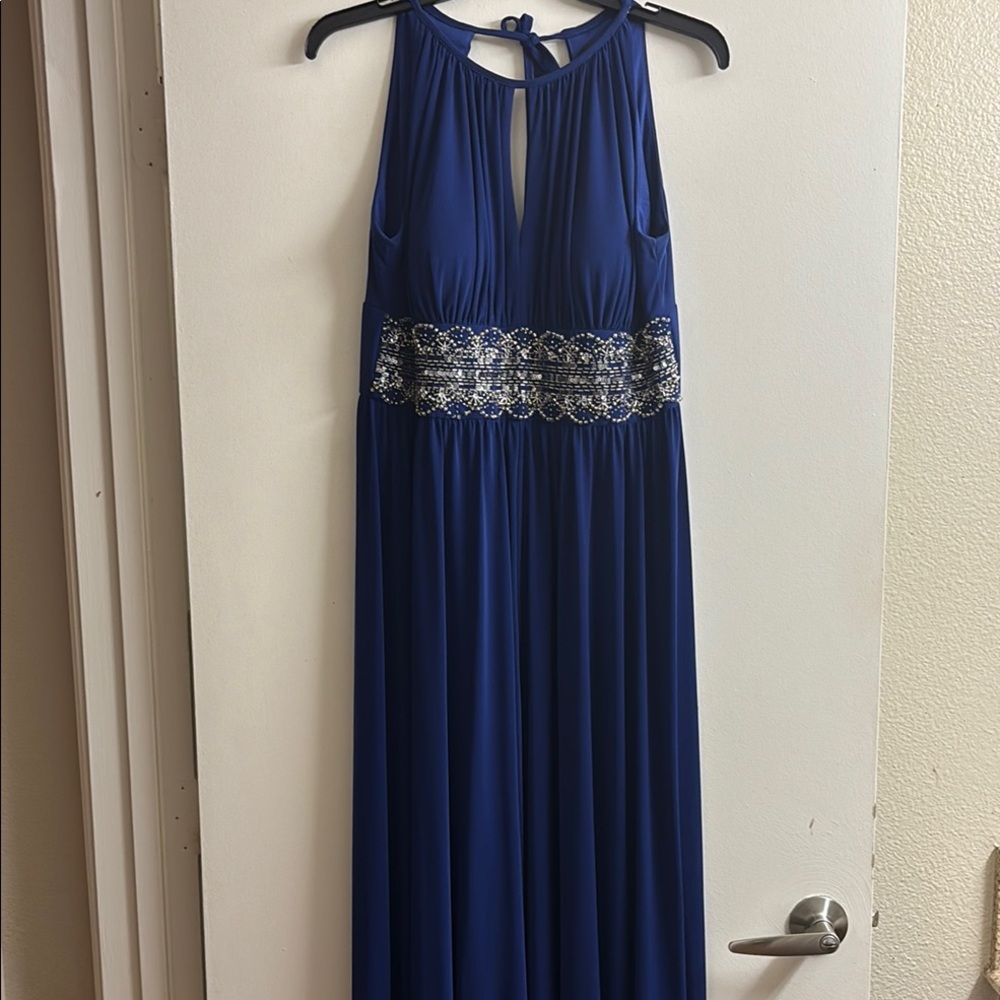 R&M Richards              Blue Sleeveless Halter Maxi Beaded Gown